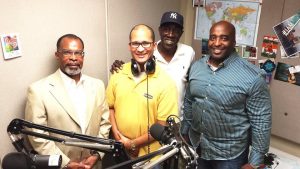 Hosts Eric Hatfield (yellow) and Gerald Piper (blue) and their guests on the special edition of Louisiana All-American Sports Show